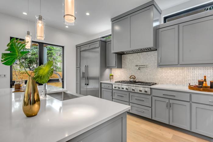 Grey shaker kitchen with quartz island